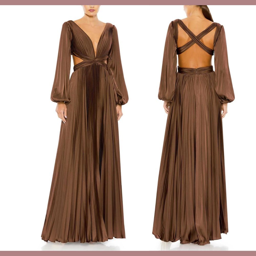 NWT IEENA Mac Duggal [ 6 ] Long Sleeve Pleat Charmeuse CutOut Gown Espresso S957 - Picture 2 of 14